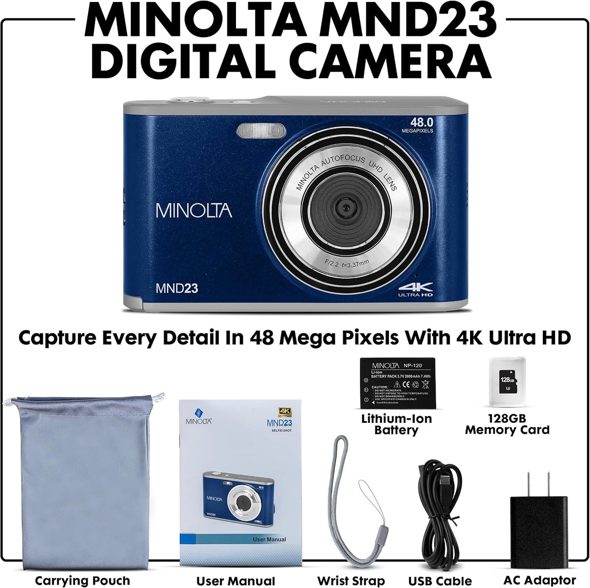 Minolta MND23 4K Selfie Digital Camera - Blue