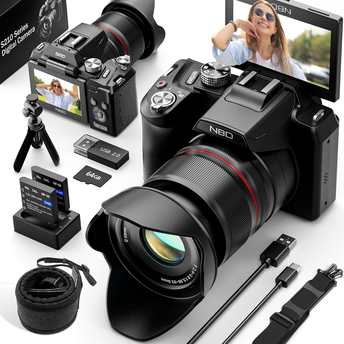 NBD 8K Digital Cameras for Photography,64MP Vlogging Cameras for YouTube,16X Optical Zoom Travel Point and Shoot Digital Cameras Fotograficas with 180Â°Flip Screen,2 Batteries,64GB Card (Black)