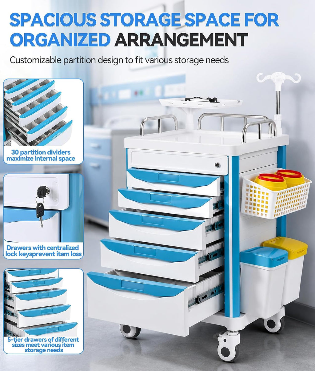 Medical Crash Cart Rolling Emergency with 5 Drawers & Wheels, Mobile Nursing Cart Featuring Power Strip, Hospital Ultrasound cart with IV Pole, Needle Disposal, O2 Holder for Hospital & Clinic