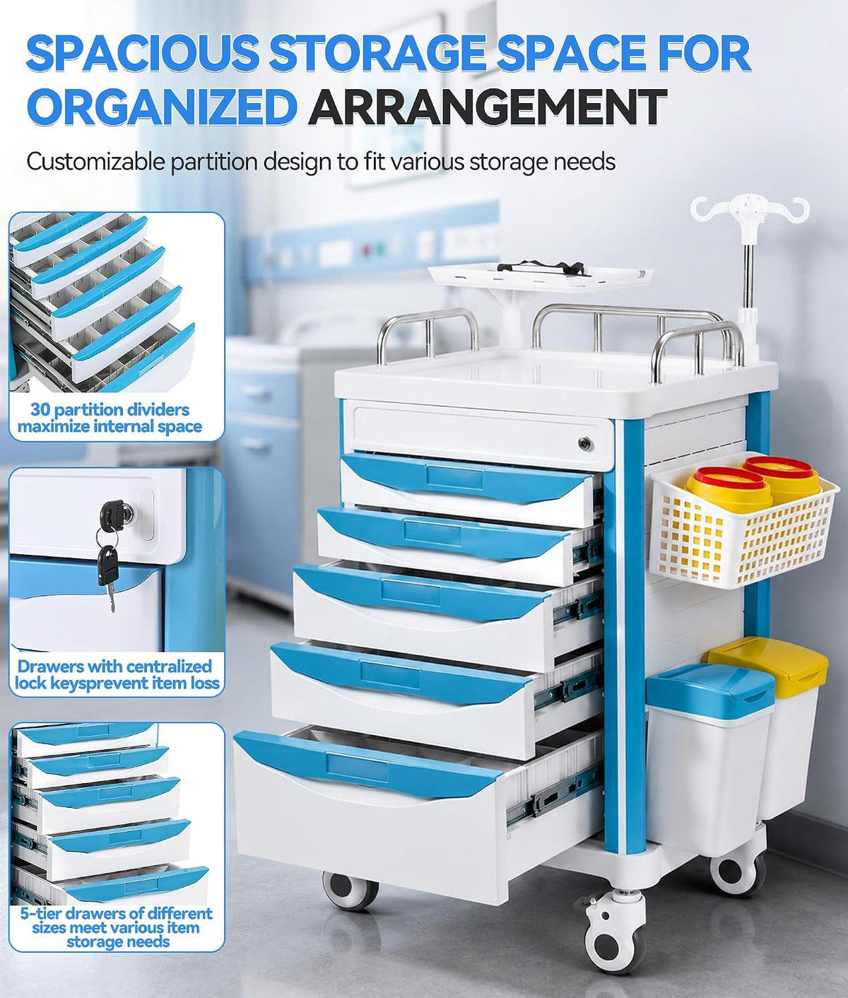 Medical Crash Cart Rolling Emergency with 5 Drawers & Wheels, Mobile Nursing Cart Featuring Power Strip, Hospital Ultrasound cart with IV Pole, Needle Disposal, O2 Holder for Hospital & Clinic
