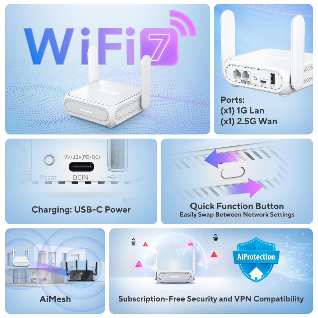 ASUS TUF Gaming BE6500 WiFi 7 Router - Dual-Band, Up to 6.5 Gbps Wireless, Game Accelerator, Multi-Link Operation (MLO), (x4) 2.5GbE Ports, Mesh + VPN Compatible, & Subscription-Free Network Security