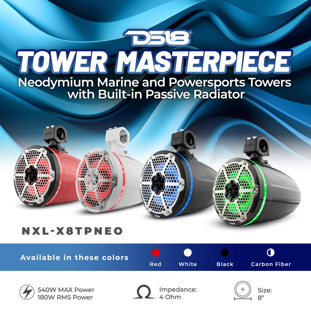 DS18 CF-X10TPNEO 10" Neodymium Marine Wakeboard Tower Speakers with Bullet Tweeter, Passive Radiator and RGB LED Lights - High Performance, Marine Grade IP65 Rated, 900W Max 300W RMS 4 Ohms (Pair)