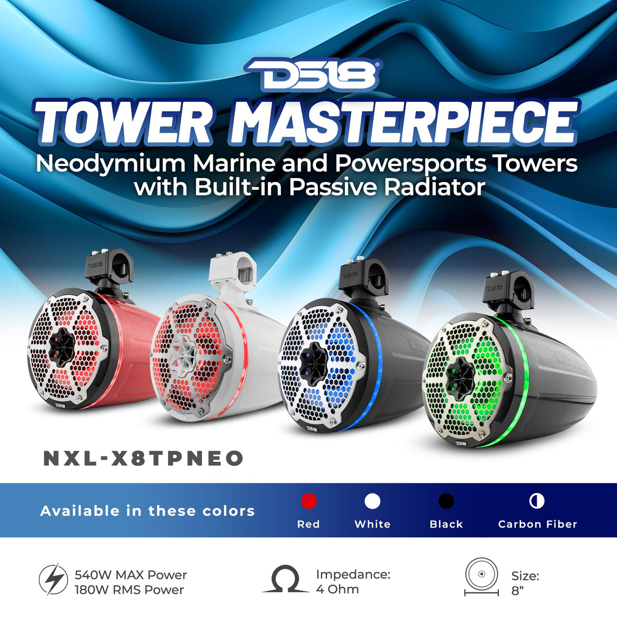 DS18 CF-X10TPNEO 10" Neodymium Marine Wakeboard Tower Speakers with Bullet Tweeter, Passive Radiator and RGB LED Lights - High Performance, Marine Grade IP65 Rated, 900W Max 300W RMS 4 Ohms (Pair)