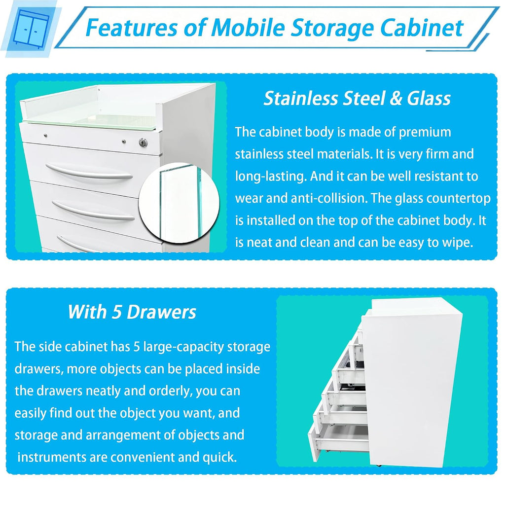5-Drawer Mobile Storage Cabinet Stainless Steel Medical Storage Cart White Utility Trolley Cart with Glass Countertop, Lock, 2 Trays, Silent Gliding Rails for Home Clinic Hospital Office