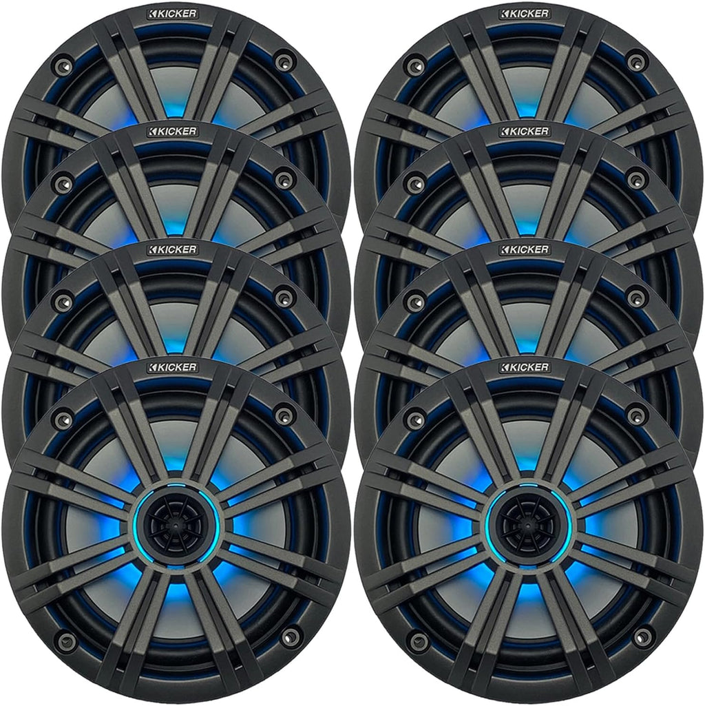 KICKER 6.5" 195 Watt Peak Power Marine OEM Replacement RGB Multicolor LED Boat Audio Speakers (Qty 8) with Charcoal Grilles