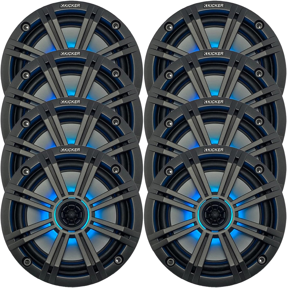 KICKER 6.5" 195 Watt Peak Power Marine OEM Replacement RGB Multicolor LED Boat Audio Speakers (Qty 8) with Charcoal Grilles