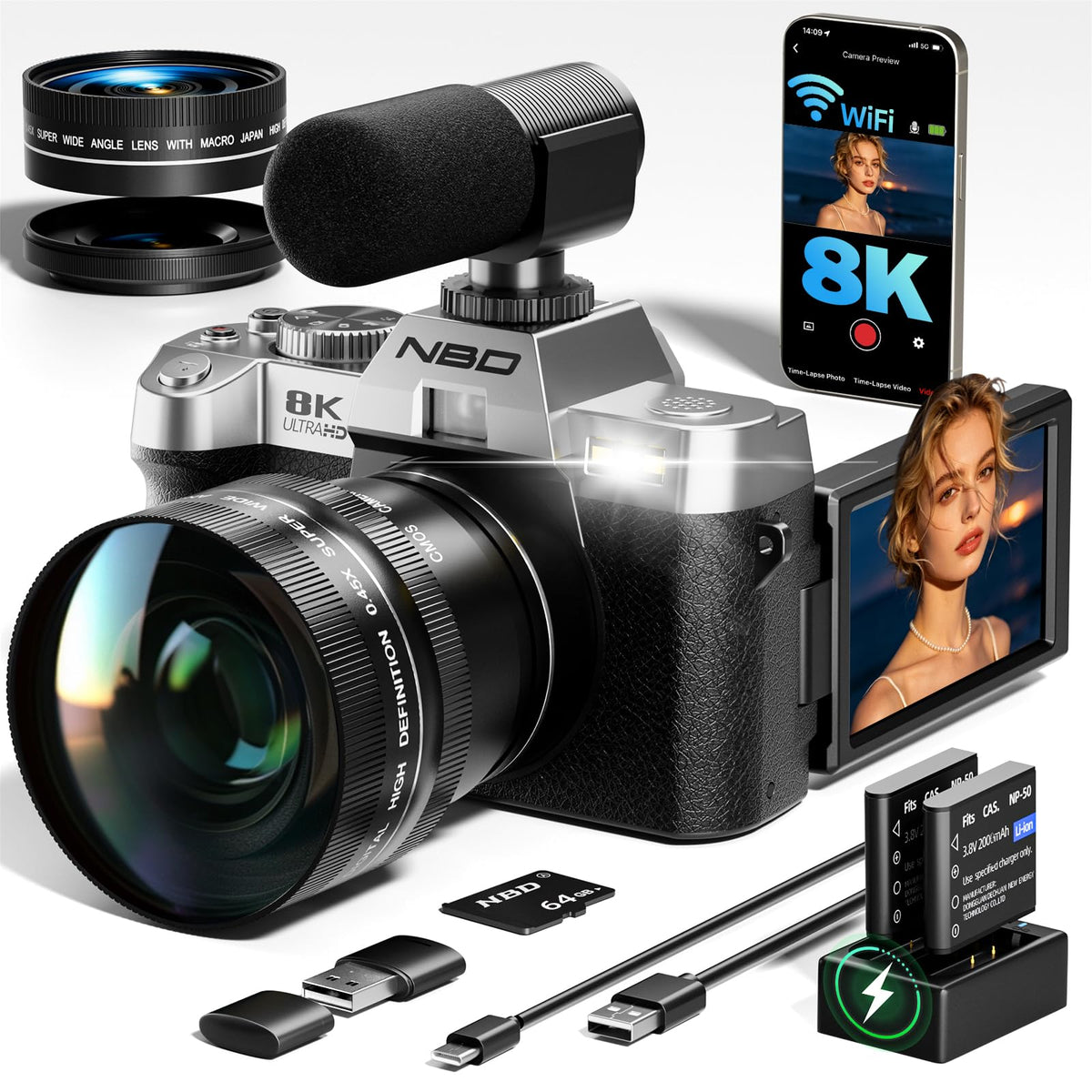 True 8K 64MP Digital Camera for Photography with Microphone(Black)