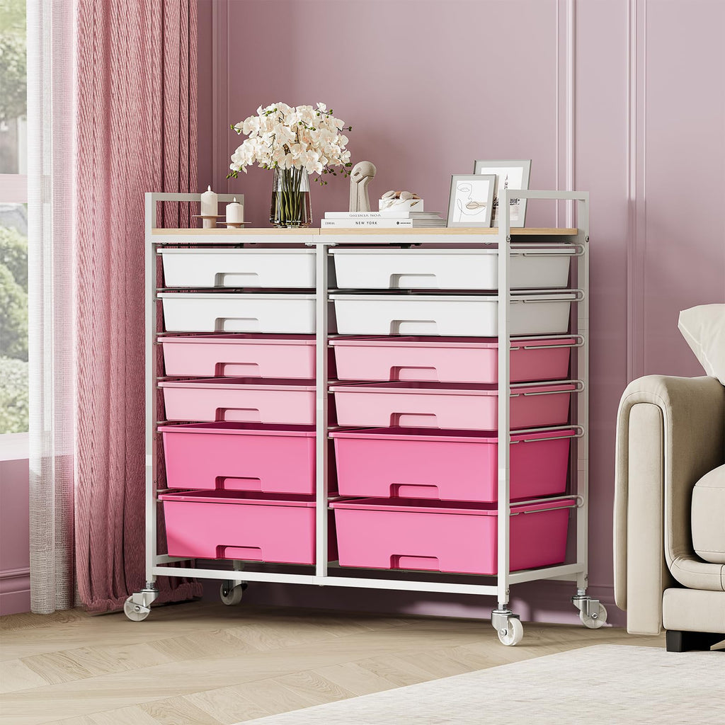 TOOLF 12 Drawers Rolling Storage Cart with Wooden Top for Classroom,White