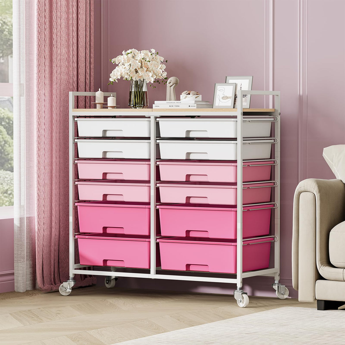 TOOLF 12 Drawers Rolling Storage Cart with Wooden Top for Classroom,White