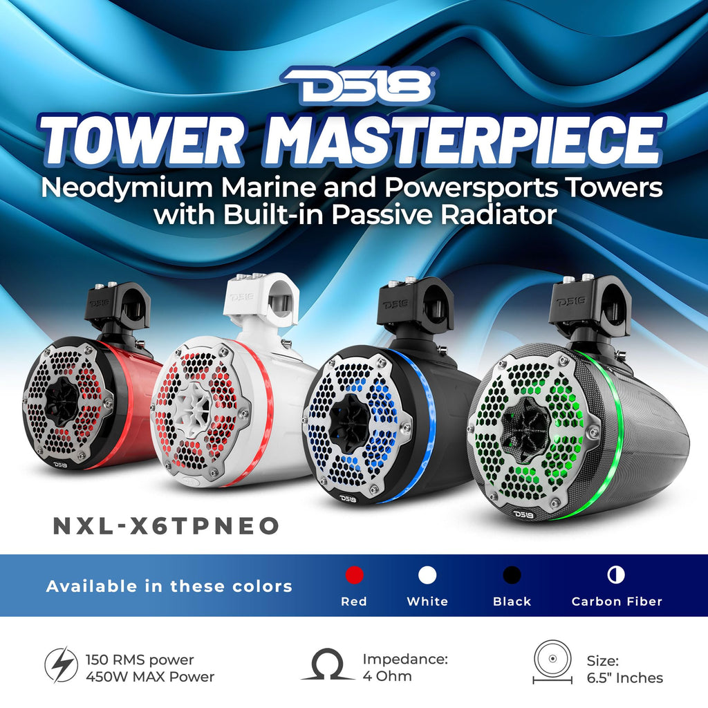 DS18 CF-X10TPNEO 10" Neodymium Marine Wakeboard Tower Speakers with Bullet Tweeter, Passive Radiator and RGB LED Lights - High Performance, Marine Grade IP65 Rated, 900W Max 300W RMS 4 Ohms (Pair)