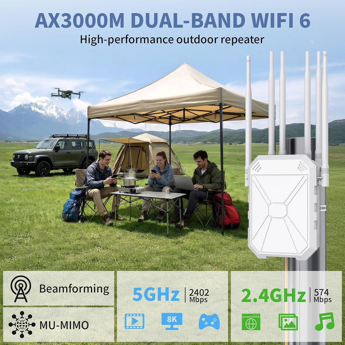 AX3000 Outdoor WiFi Extender, Dual Band 5G+2.4G Outdoor Long Range Extender Signal Booster with POE, Wi-Fi 6 Wireless Access Point, Wireless Out Door Repeater, Compatible Starlink for Farm Camping RV