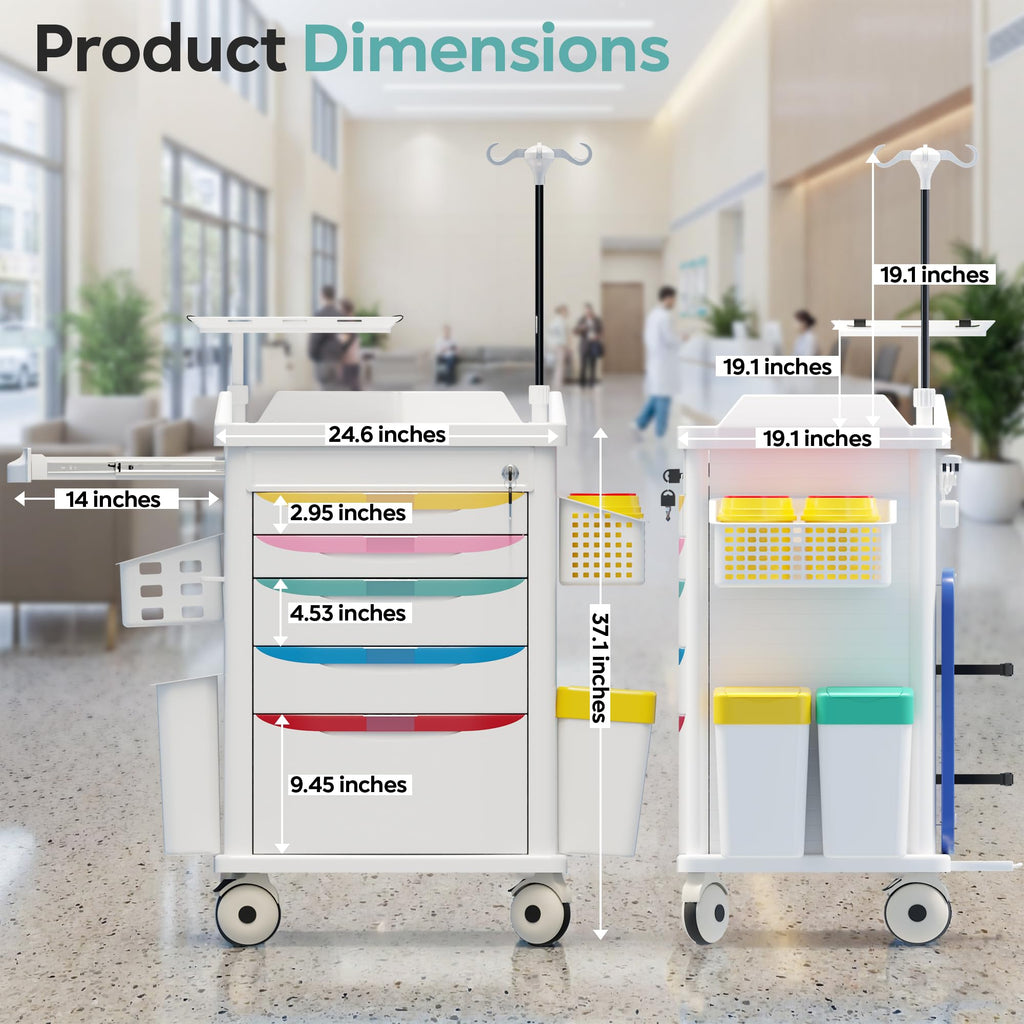 Medical Rolling Storage Crash Cart with Wheels, 5-Tier Medical Cart with Drawers, Adjustable IV Pole, Trash Bin & O2 Holder, Needle Disposal Holder, Silent Casters, Ideal for Hospitals (Grey)