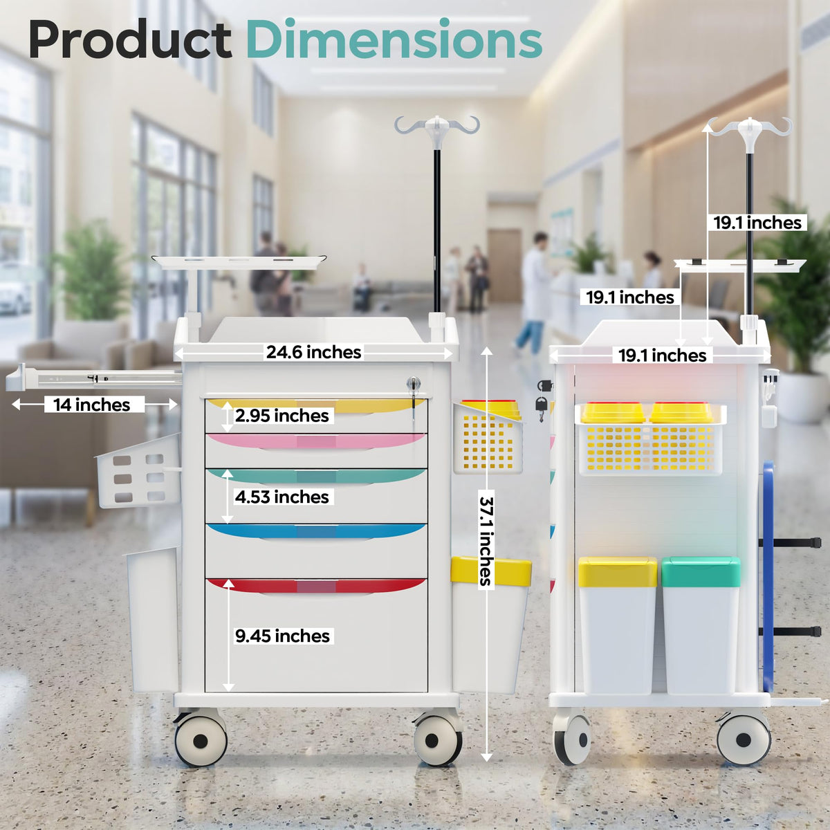 Medical Rolling Storage Crash Cart with Wheels, 5-Tier Medical Cart with Drawers, Adjustable IV Pole, Trash Bin & O2 Holder, Needle Disposal Holder, Silent Casters, Ideal for Hospitals (Grey)
