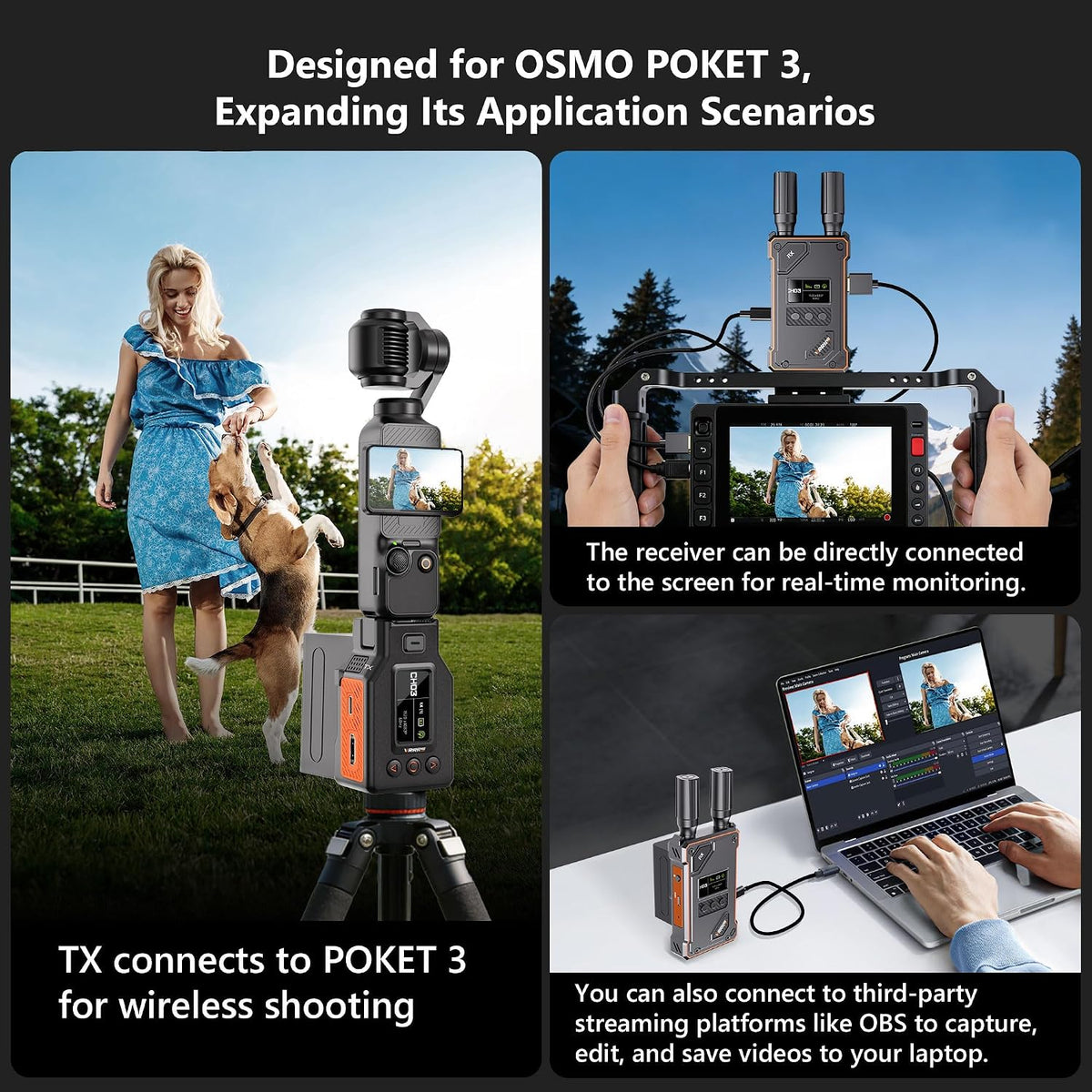 Wireless Video Transmitter and Receiver for OSMO Pocket 3,1080P HD Transmission System with UVC Out,20 Channels Adjustable,1640FT Range,for Live Stream from TV Box,PC,Pocket 3,to TV,Monitor