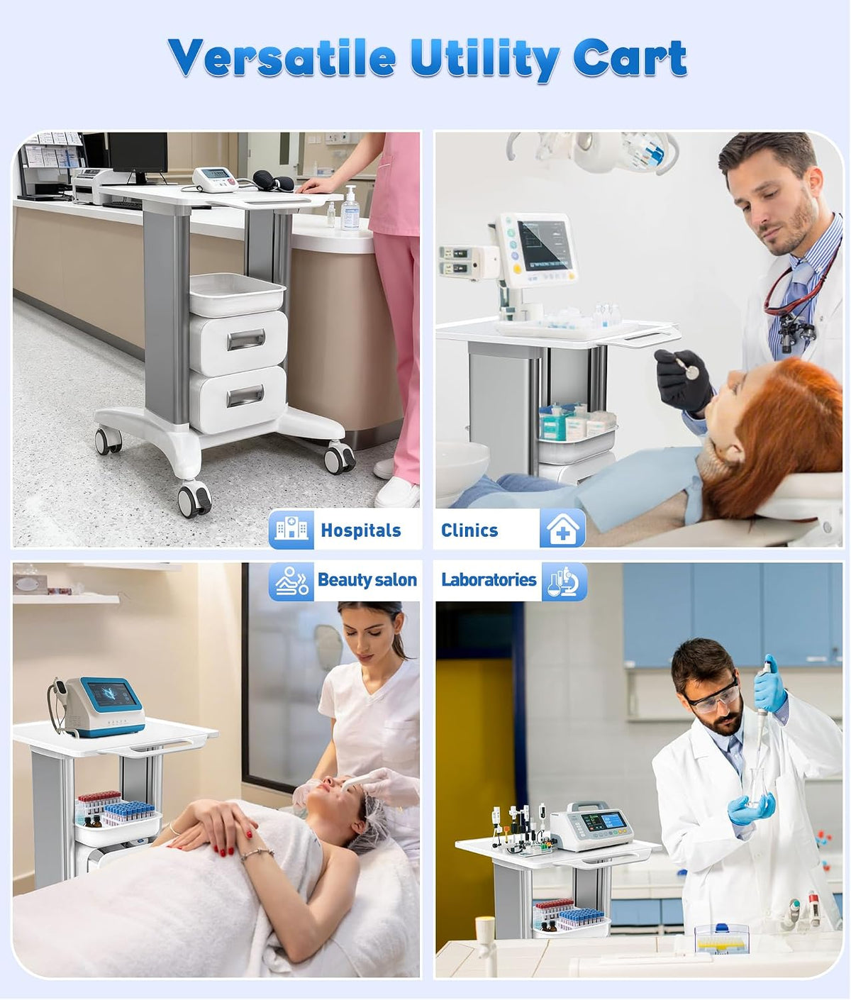 Medical Rolling Storage Crash Cart Silent Casters & 5 Drawer, Ultrasound Emergency Cart with Power Strip,IV Pole,Needle Disposal,O2 Holder, Medical Cart for Hospital, Clinic, Grey/5 Drawer