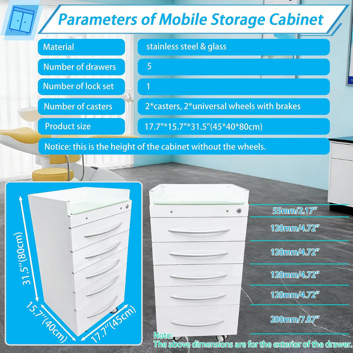 5-Drawer Mobile Storage Cabinet Stainless Steel Medical Storage Cart White Utility Trolley Cart with Glass Countertop, Lock, 2 Trays, Silent Gliding Rails for Home Clinic Hospital Office