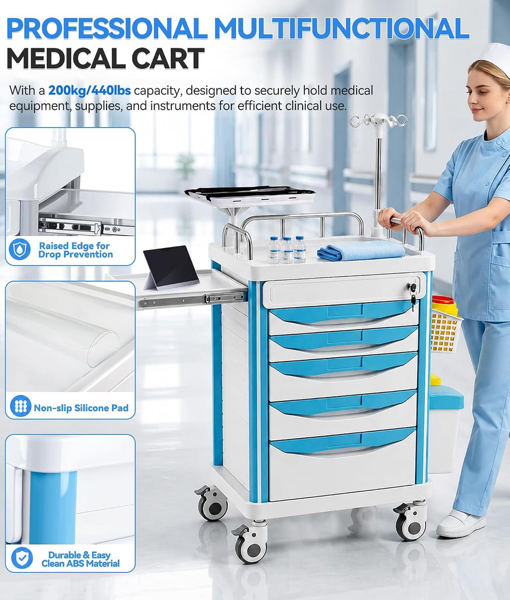 Medical Crash Cart Rolling Emergency with 5 Drawers & Wheels, Mobile Nursing Cart Featuring Power Strip, Hospital Ultrasound cart with IV Pole, Needle Disposal, O2 Holder for Hospital & Clinic