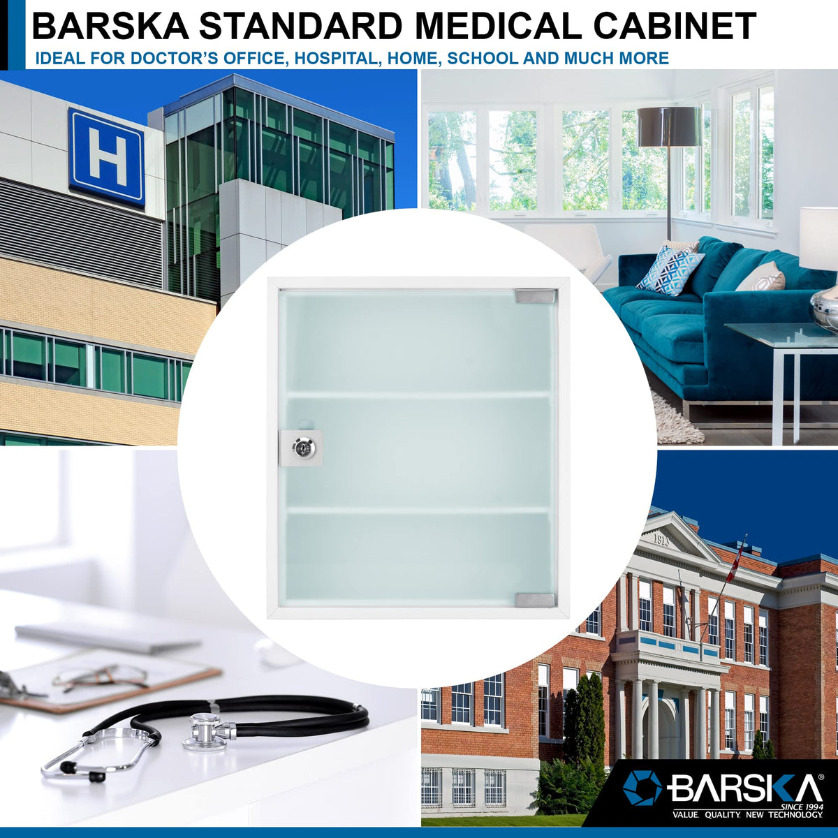 Barska Large Medical Cabinet â Locking Steel Medicine Storage Box with Shelves, Drop-Down Tray, Magnetic Dry Erase Pad, and Wall Mounting Holes - medicine cabinet organizer - Lock Box First Aid