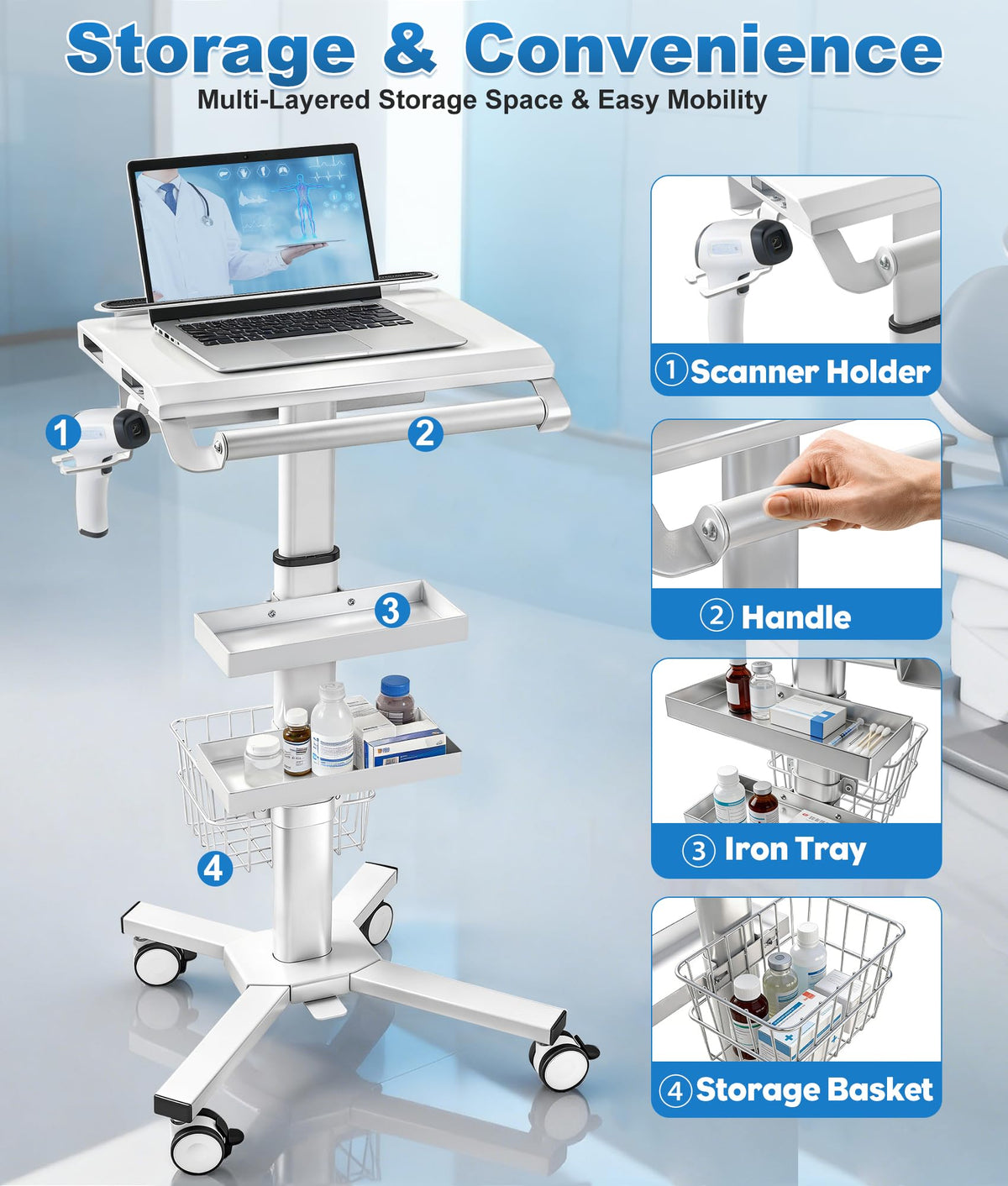 5-Tier Medical Storage Crash Cart with 4 Silent Wheels & 2 Trash Cans, Mobile Medical Utility Cart with Adjustable IV Pole and Disposal Holder for Clinic, Hospital, Salon, Lab