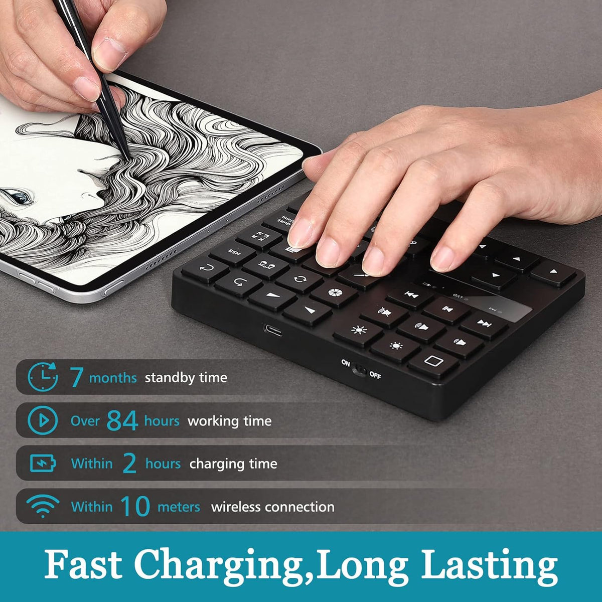 Keyboard for, Rechargeable Drawing Keyboard with 35 Shortcut Keys, One Handed Buetooth Keypad for Drawing Shortcuts, Graphic Tablets, Drawing Tablet, Laptop