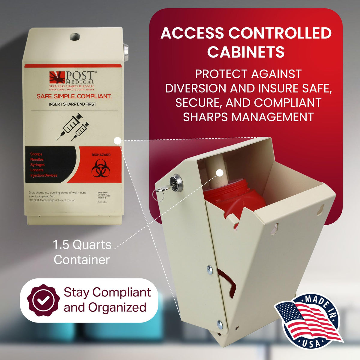 Wall Mounted Sharps Cabinet for 1.0 Quart with Lock & Key