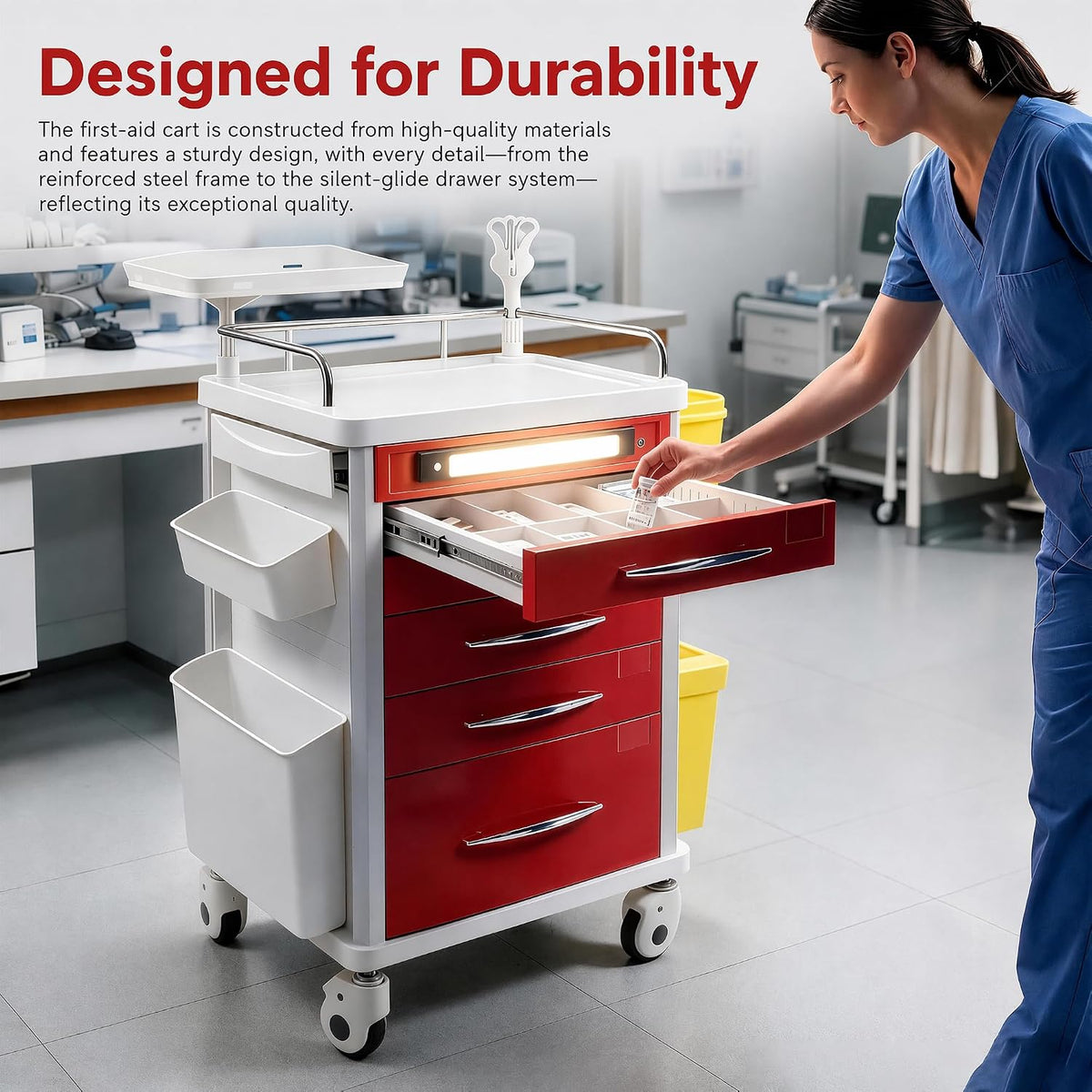 FDA Approved 5-Tier Medical Crash Cart with Auto-Sensing LED Lights