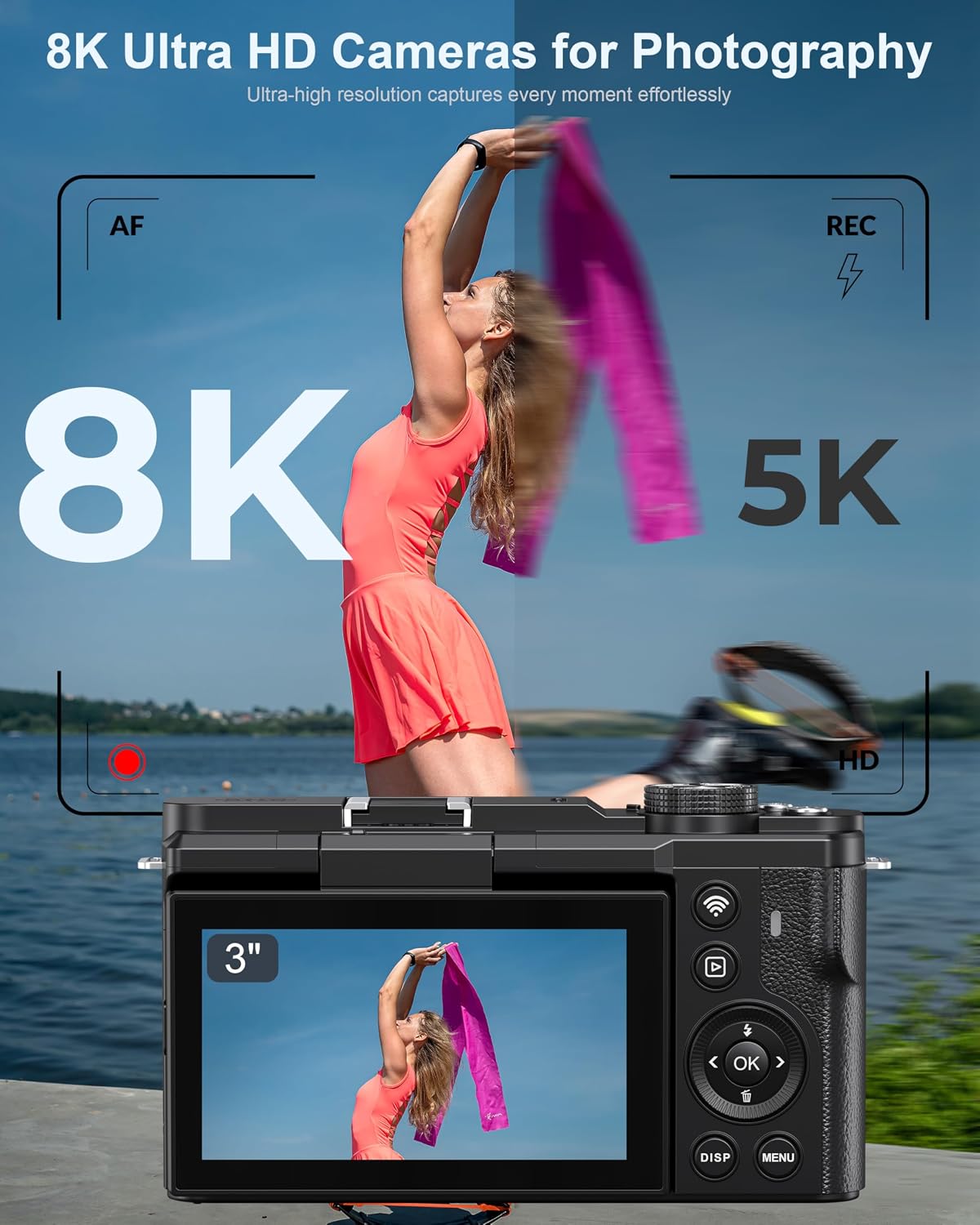 8K Digital Camera, 88MP WiFi Cameras for Photography, 3" 180Â° Flip Screen