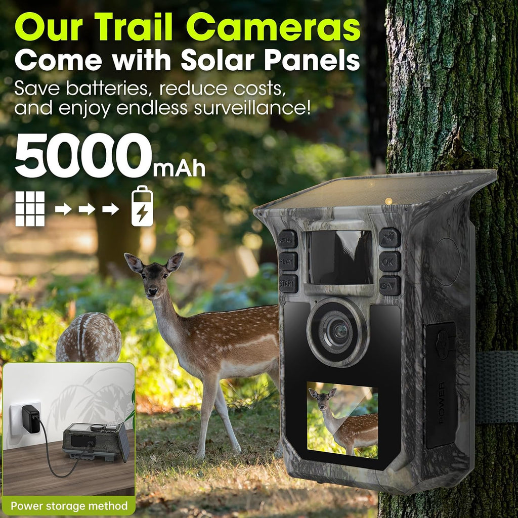Trail Camera 2 Pack 4K 64MP Solar Game Camera with 5000mAh Forever Power, 64GB Memory Card and Ip67 Waterproof Angle Night Vision for Wildlife Deer Outdoor Trail Cam, Monitoring Trail Cameras