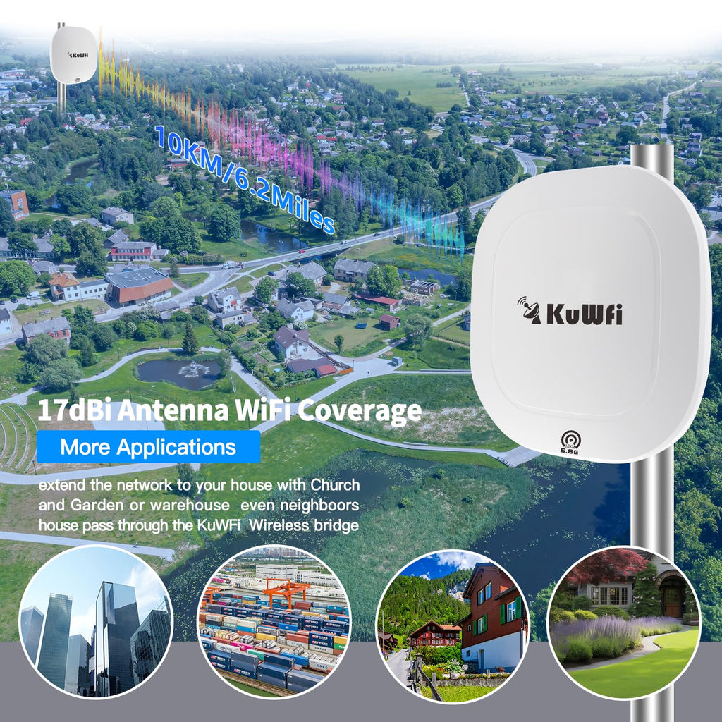 Outdoor Wireless Bridge, KuWFi 5.8G 3KM Transmission WiFi Point to Point Wireless Ethernet Bridge Router, with 3 RJ45 LAN Ports, Pre-Program, 48V PoE, 2-Packs