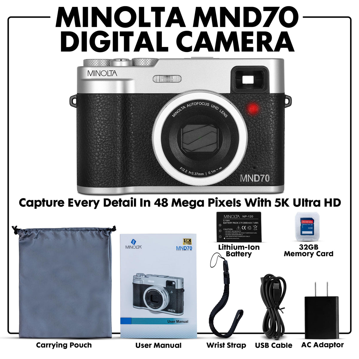 Minolta MND70 Retro 48MP Wi-Fi 5K Ultra HD Dual Lens Digital Camera - Gold/Brown