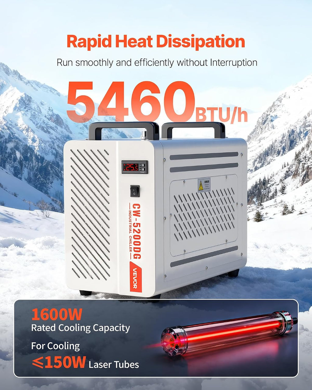 VEVOR Industrial Water Chiller, 5460 BTU/h, Industrial Water Cooler Cooling System with Compressor, 1.8â¯ Gal Tank Capacity, 3.4â¯GPM Max Flow, Laser Chiller, for CO2 Laser Engraving & Cutting Machine