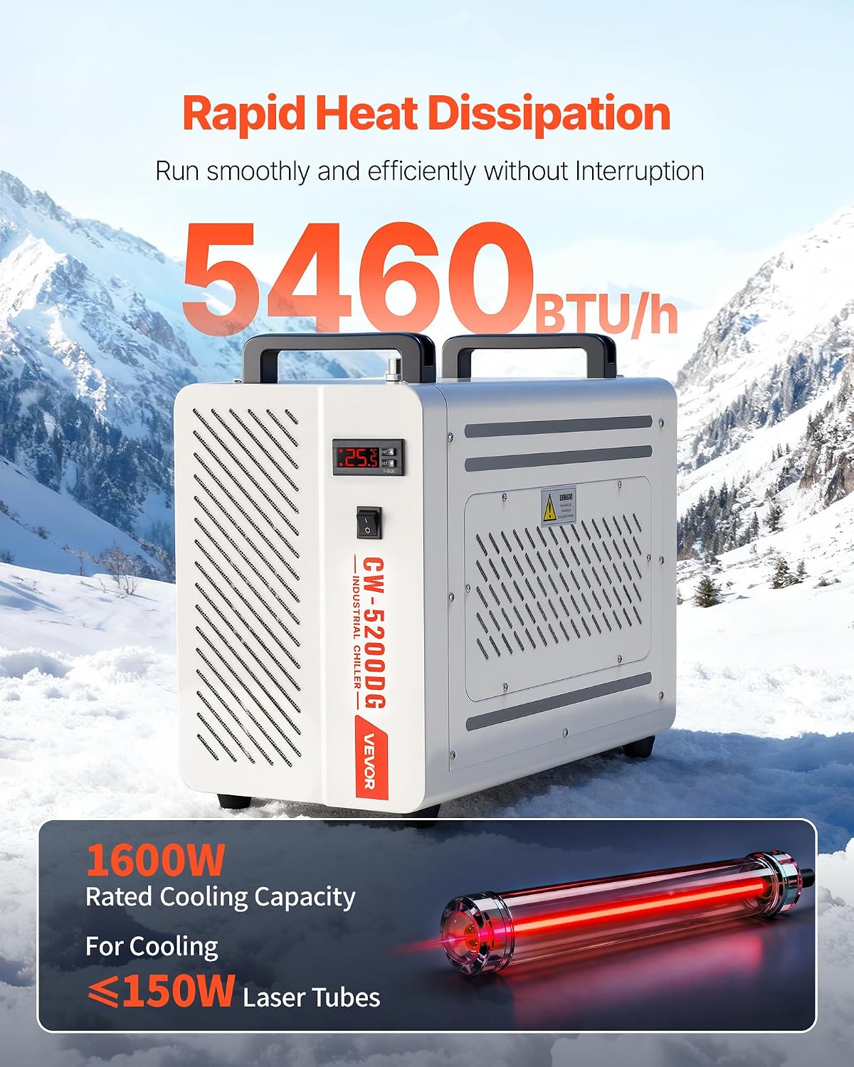 VEVOR Industrial Water Chiller, 5460 BTU/h, Industrial Water Cooler Cooling System with Compressor, 1.8â¯ Gal Tank Capacity, 3.4â¯GPM Max Flow, Laser Chiller, for CO2 Laser Engraving & Cutting Machine