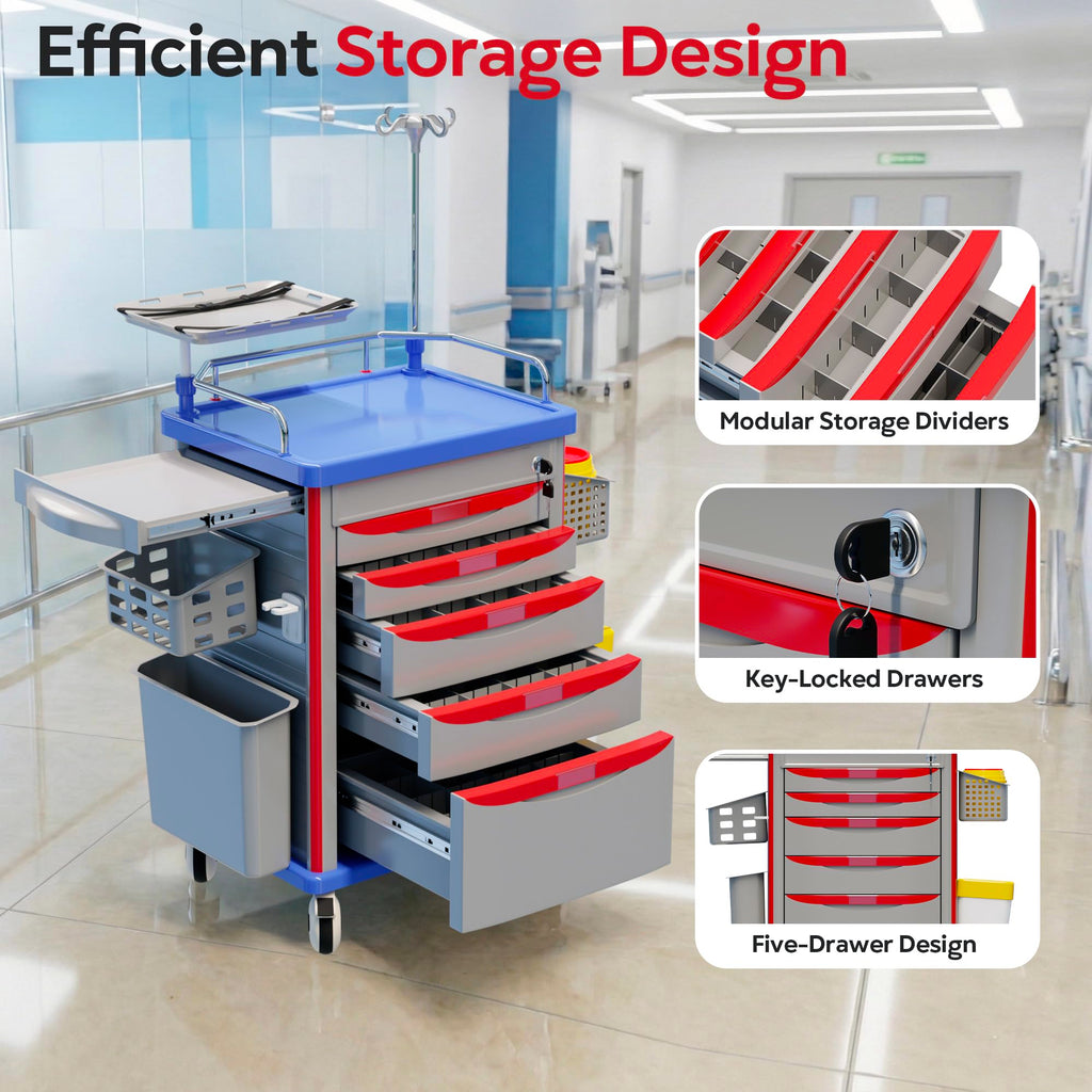 Medical Rolling Storage Crash Cart with Wheels, 5-Tier Medical Cart with Drawers, Adjustable IV Pole, Trash Bin & O2 Holder, Needle Disposal Holder, Silent Casters, Ideal for Hospitals (Grey)