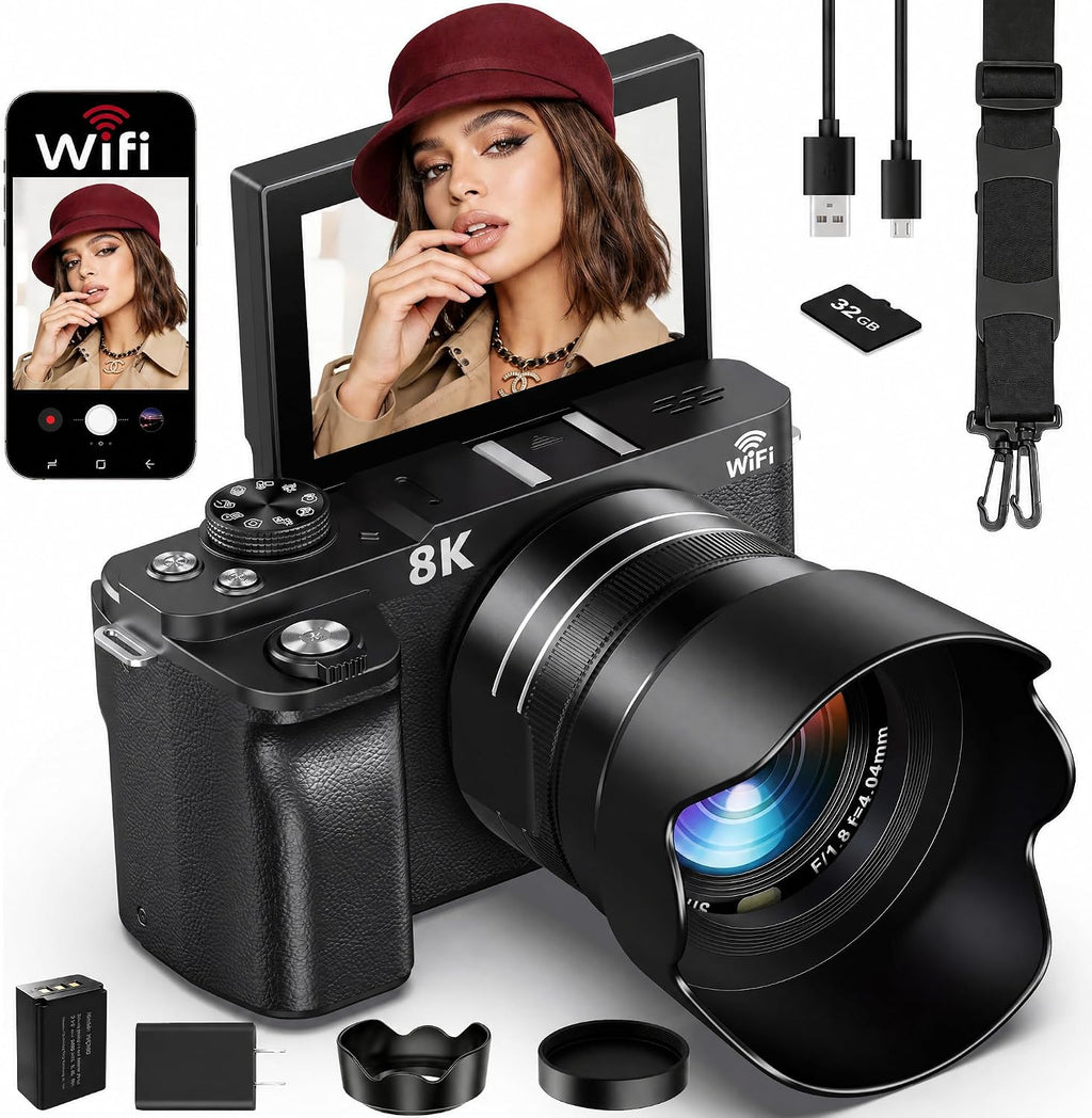 8K Digital Camera WiFi - 88MP Vlogging Cameras for Photography with 3" 180Â° Flip Screen 18X Zoom - UHD Video Camara for YouTube - Autofocus Travel Camera with Lens Hood, Memory Card, Flash