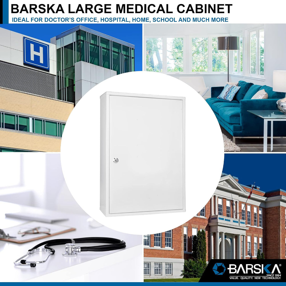 Barska Large Medical Cabinet â Locking Steel Medicine Storage Box with Shelves, Drop-Down Tray, Magnetic Dry Erase Pad, and Wall Mounting Holes - medicine cabinet organizer - Lock Box First Aid
