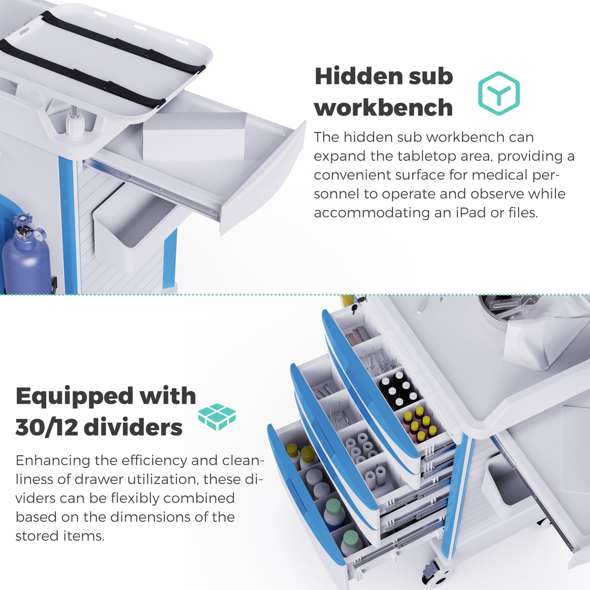 Medical Rolling Crash Cart with Integrated Medical Countertop