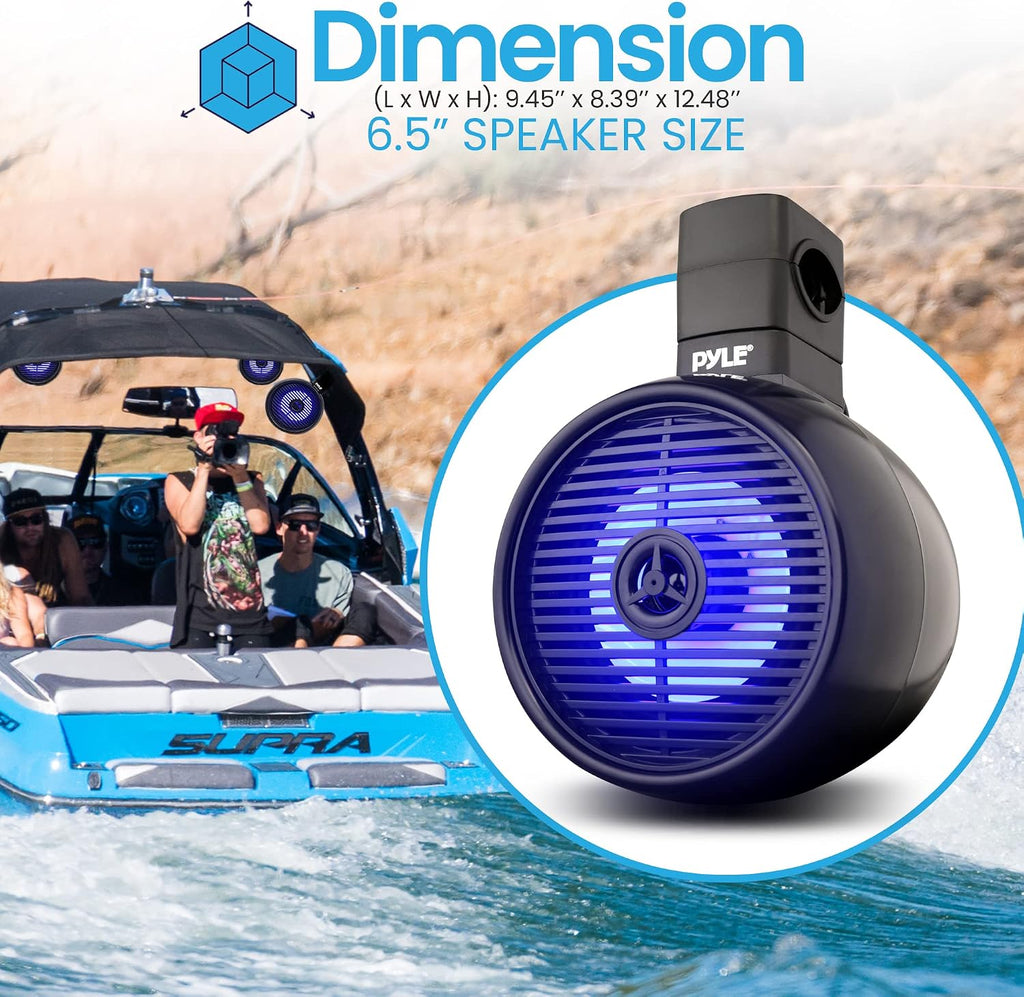 Pyle 6.5" Marine Wakeboard Bluetooth Speaker, Water Resistant 2-Way Mini Box Speaker System with LED Lights, Full Range Sound, ABS Construction for Boat or Off-Road Use, 9.45âx8.39âx12.48â Inch