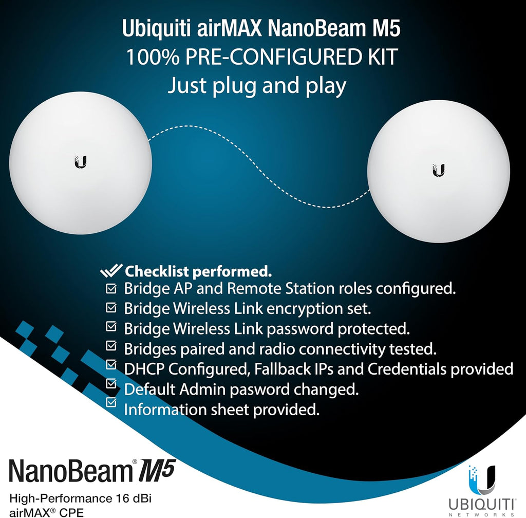 Wireless Bridge Ubiquiti NBE-M5-16 PRE-CONFIGURED, Bundle of 2 Ubiquiti NanoBeam M5, Point to Point Outdoor WiFi Bridge, Plugh and Play, 5GHz, 150+Mbps, 15+km Link Range, Network Bridge