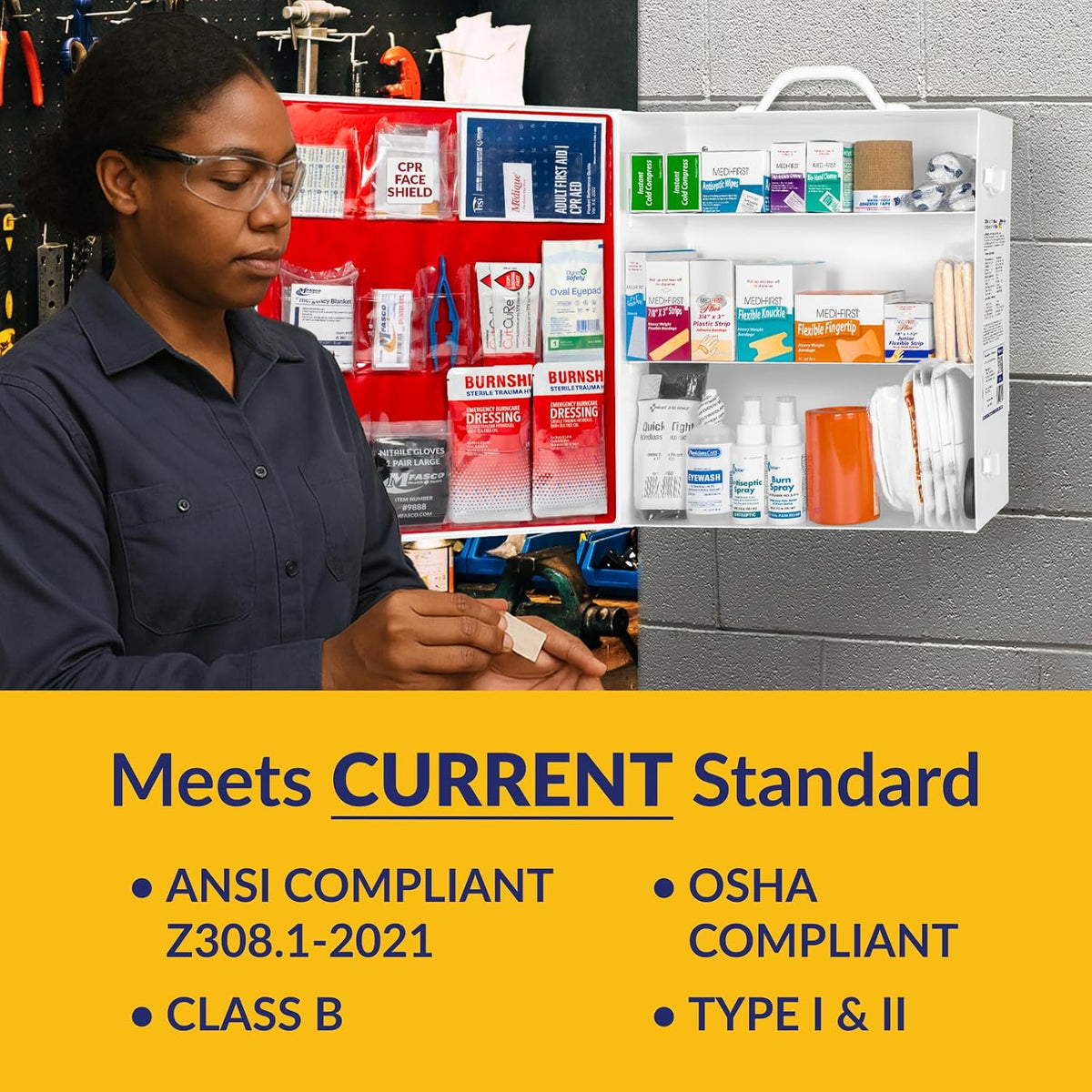 MFASCO OSHA/ANSI 2021 Class B Compliant First Aid Cabinet, Large, 3-Shelf
