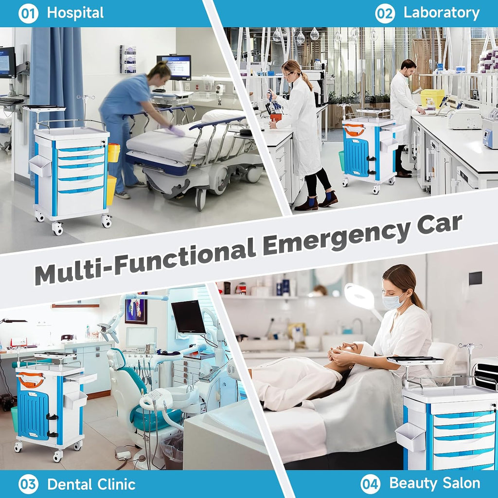 Crash Cart Medical ABS Material, Medical Cart with Drawers, Adjustable IV Pole, Silent Casters, Trash Bins, O2 Holder, Needle Disposal Holder, CPR Board, Nursing Cart for Hospital Clinic
