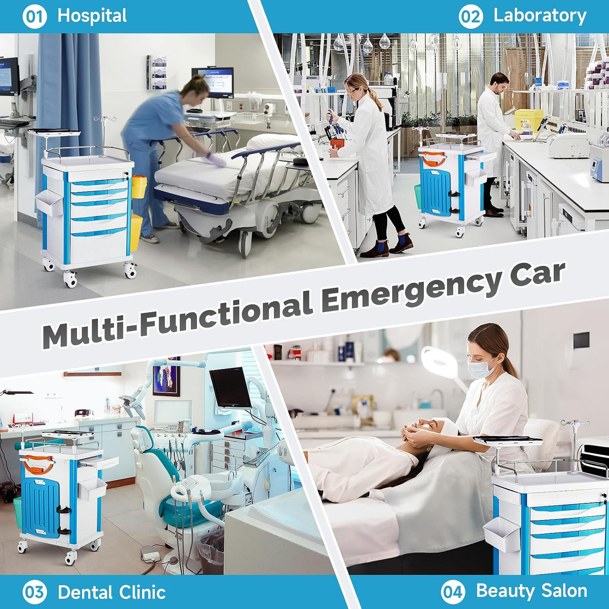 Crash Cart Medical ABS Material, Medical Cart with Drawers, Adjustable IV Pole, Silent Casters, Trash Bins, O2 Holder, Needle Disposal Holder, CPR Board, Nursing Cart for Hospital Clinic