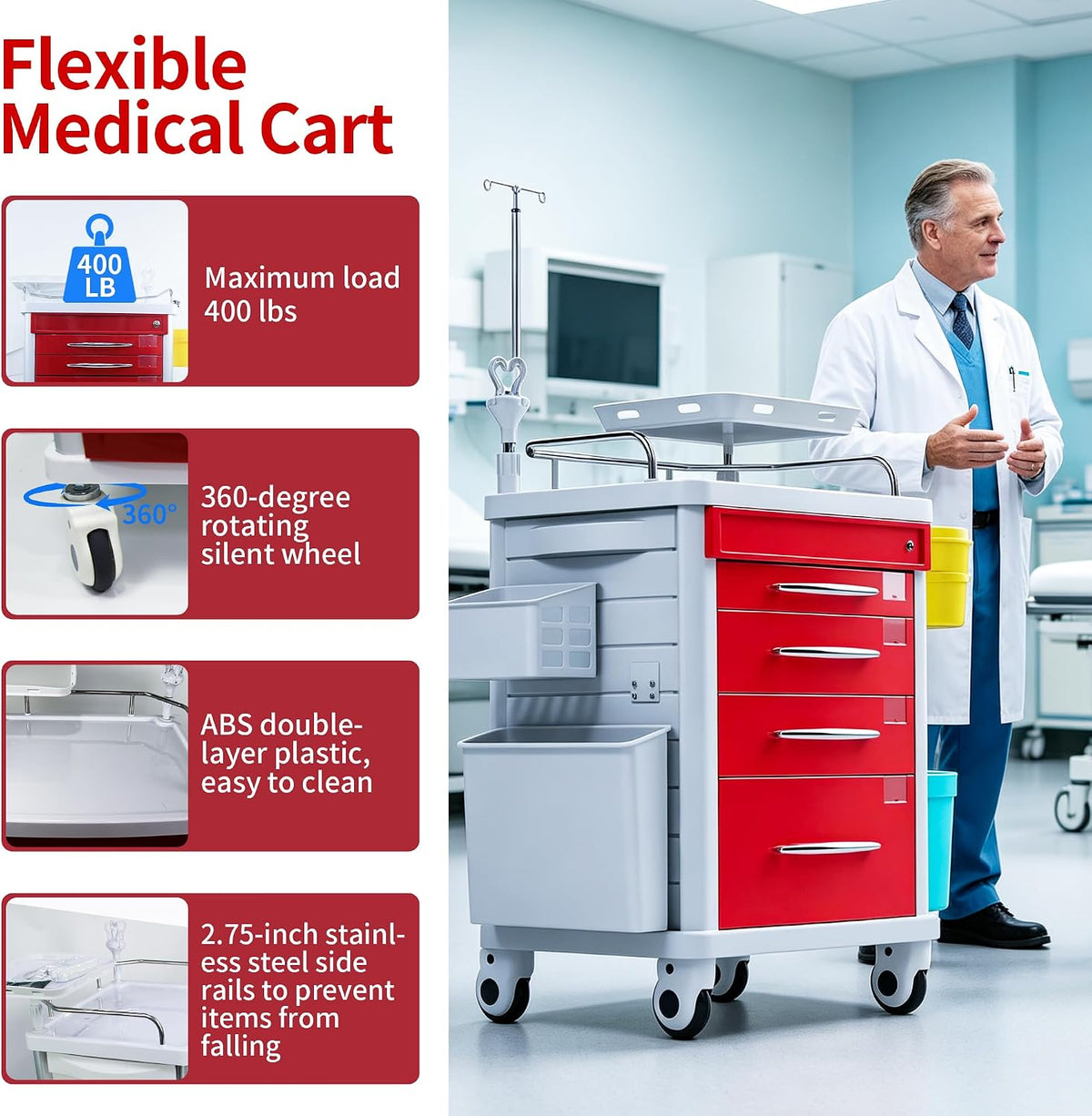 FDA Approved 4-Tier Medical Crash Cart with Auto-Sensing LED Lights