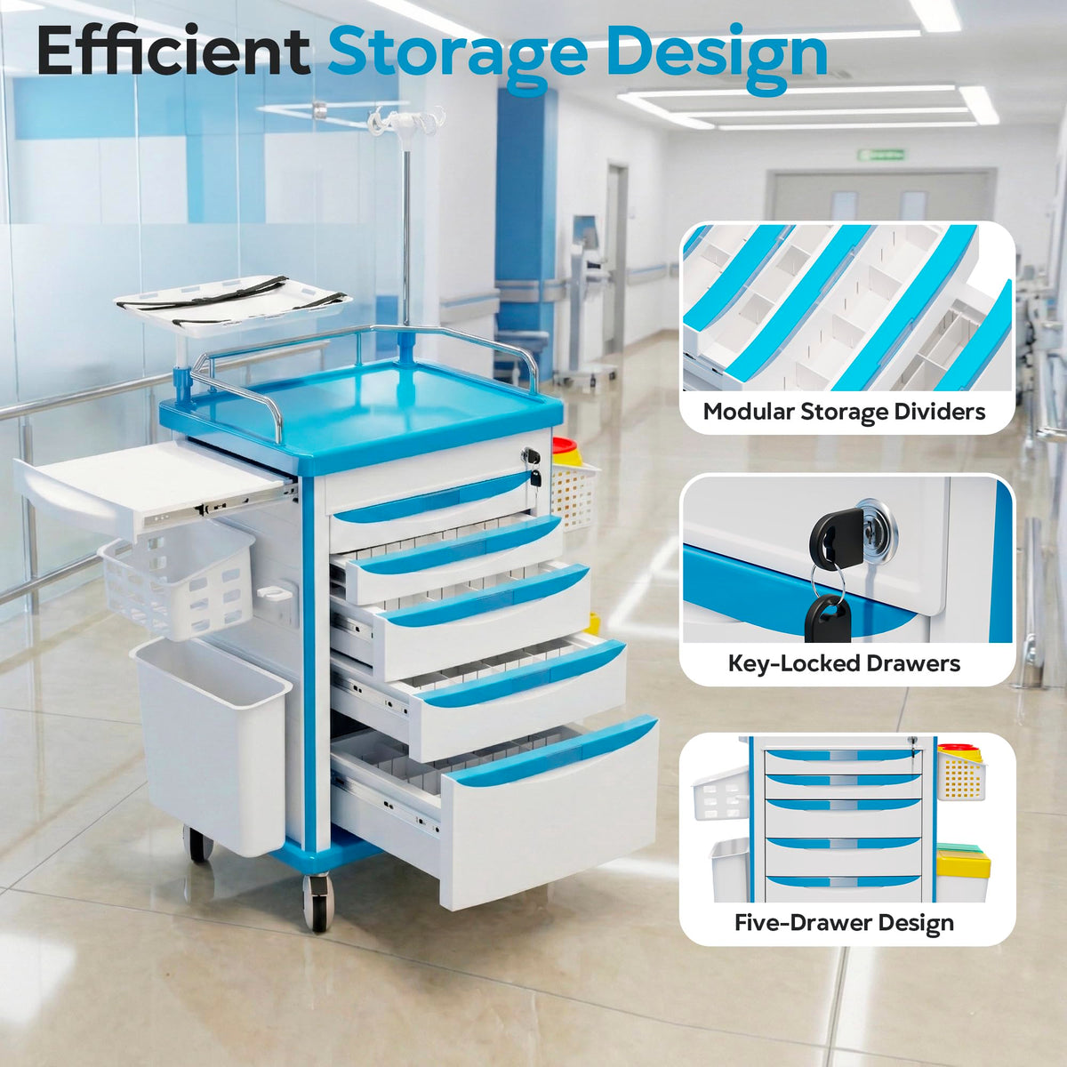 Medical Rolling Storage Crash Cart with Wheels, 5-Tier Medical Cart with Drawers, Adjustable IV Pole, Trash Bin & O2 Holder, Needle Disposal Holder, Silent Casters, Ideal for Hospitals (Grey)