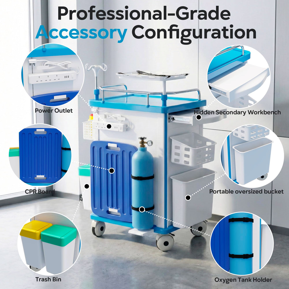 Medical Rolling Storage Crash Cart with Wheels, 5-Tier Medical Cart with Drawers, Adjustable IV Pole, Trash Bin & O2 Holder, Needle Disposal Holder, Silent Casters, Ideal for Hospitals (Grey)