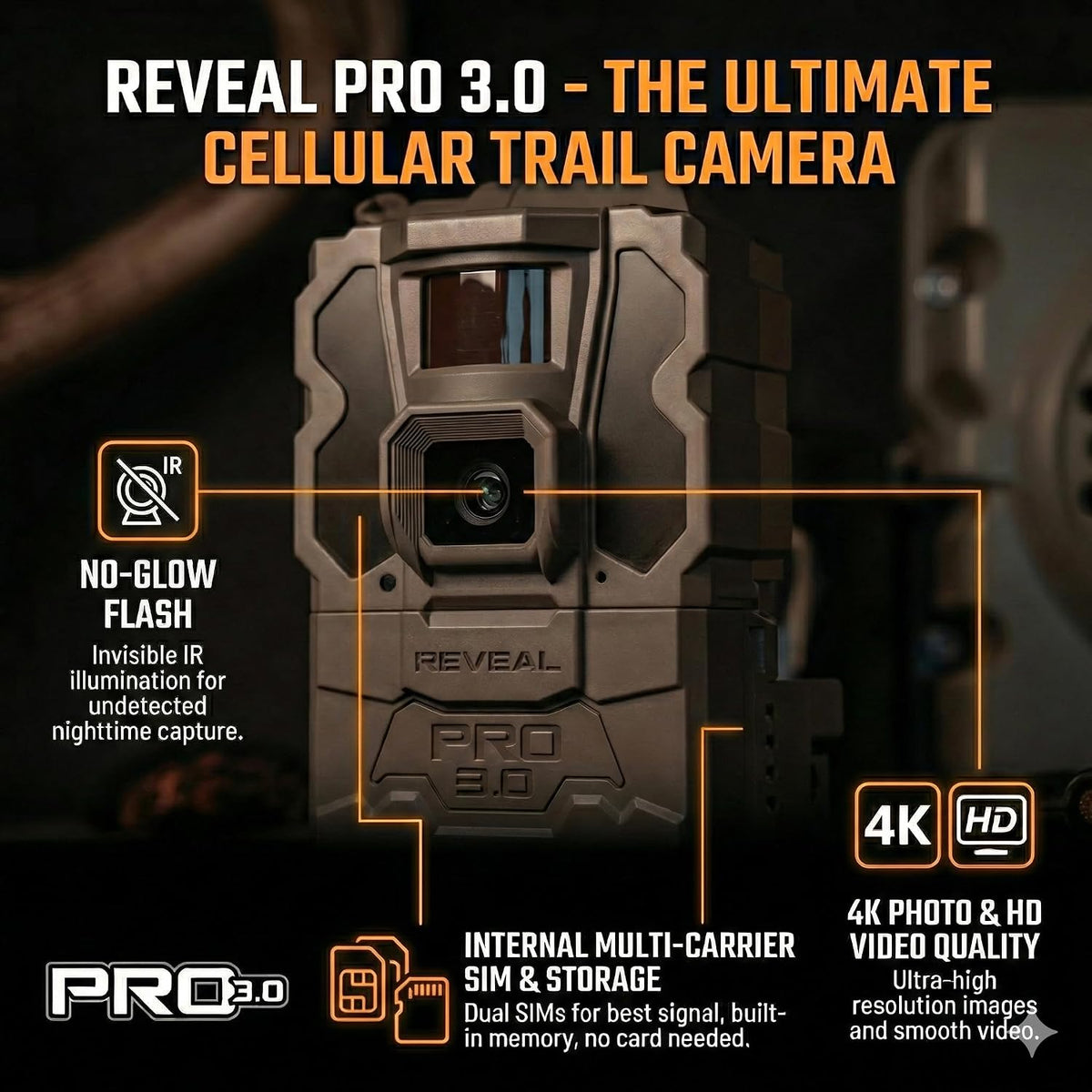 TACTACAM Reveal Pro 3.0 Cellular Trail Camera - Multi-Cellular Network, GPS, 2" LCD, No-Glow IR, Wi-Fi Enabled, HD Photos & 1080p Videos, Fast Trigger with Cleaning Cloth (2PK)