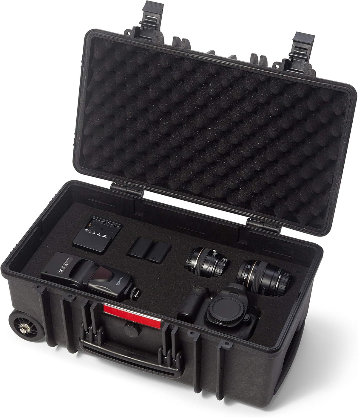 Amazon Basics Hard Protective Camera Case with Wheels, Large, Black, 22"L x 14"W x 9.8"H