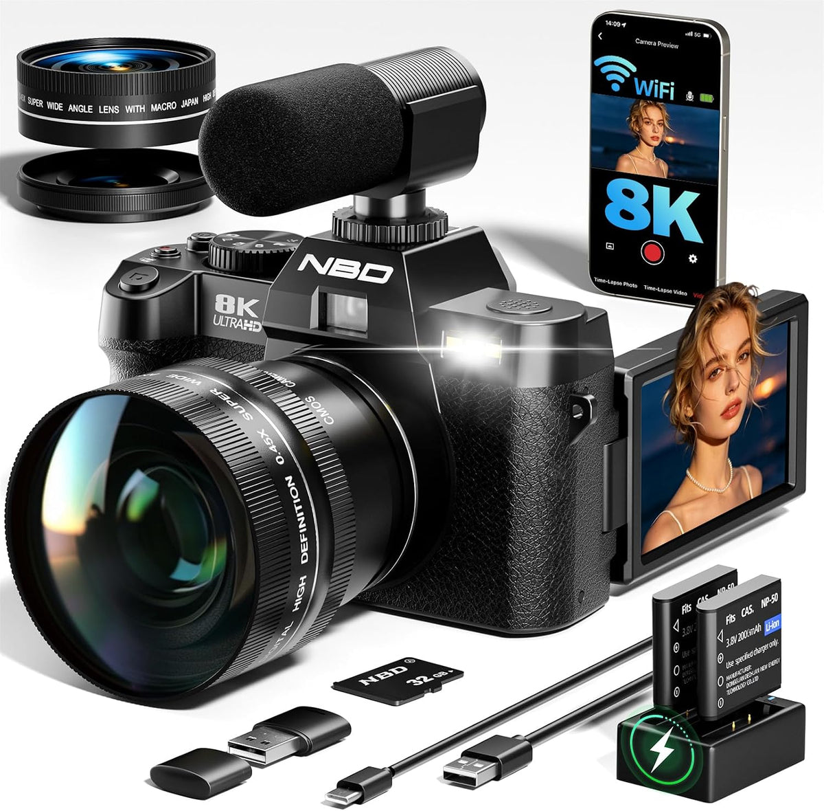 True 8K 64MP Digital Camera for Photography with Microphone(Black)