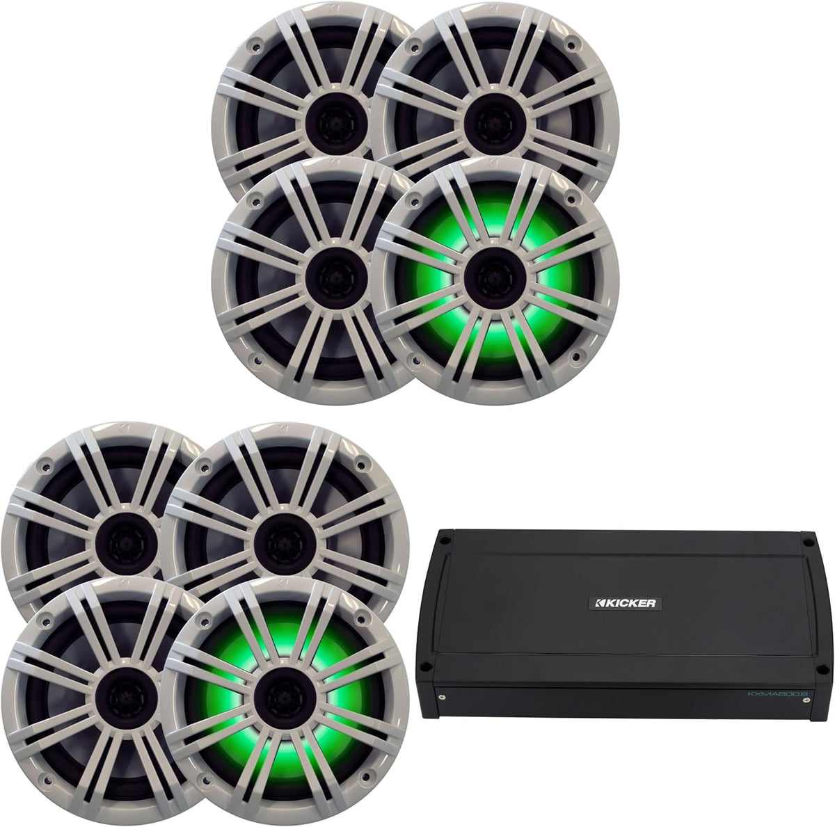 KICKER Marine Audio Bundle â (8) 6.5" White RGB LED 4-Ohm Coaxial Speakers (4 Pair) with 48KXMA800.8 800W 8-Channel Amplifier â OEM Replacement Boat System