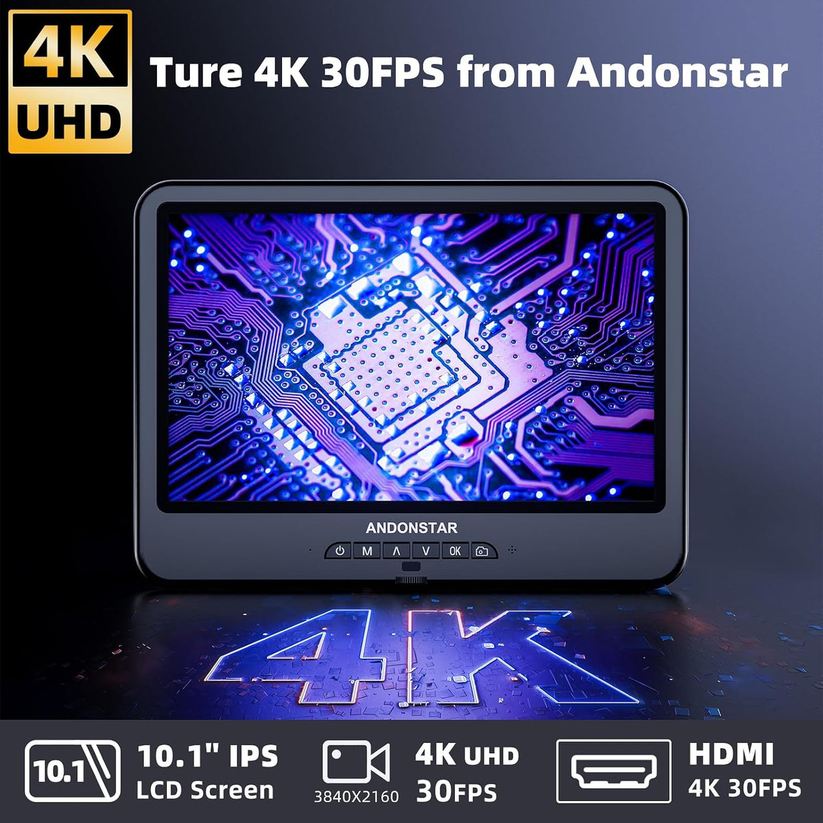 Andonstar 4K 30FPS Digital Microscope with 10.1" Screen, 3840P Video Audio