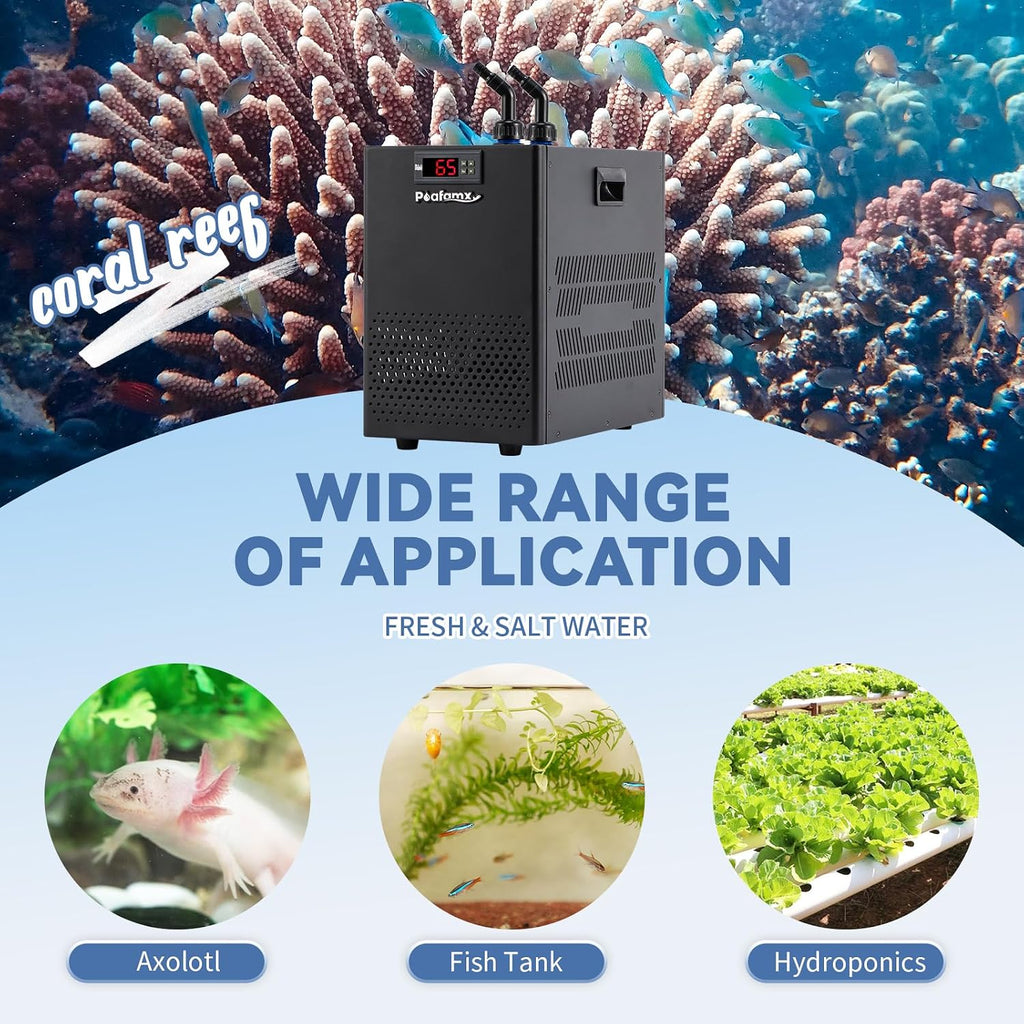 Poafamx Aquarium Chiller 26gal, 1/13 HP Small Water Chiller for Axolotl